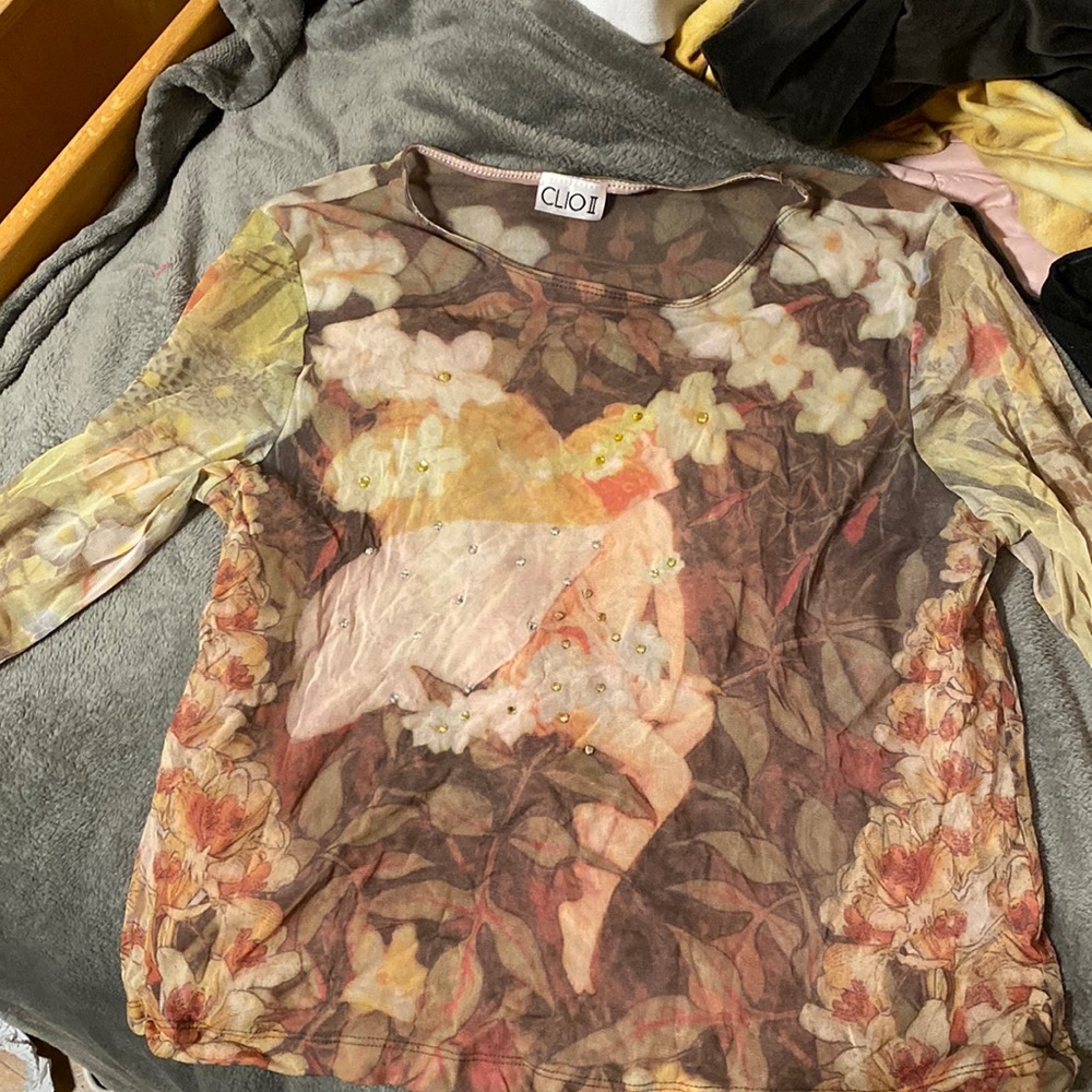 Mesh long sleeve floral print top